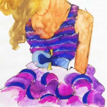 Watercolour drawing of a ballerina wearing a very colourful blue and purple costume