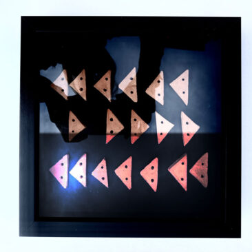 Follow>plan>journey Abstract textile print with pink triangle on blue background