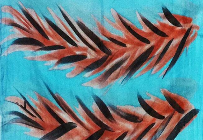 Blue textile print with orange leafs