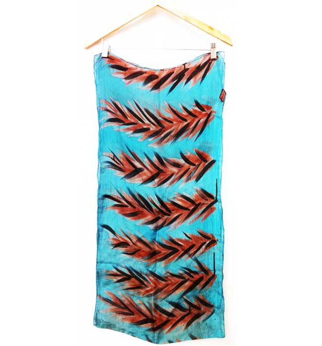 Blue textile print with orange leafs