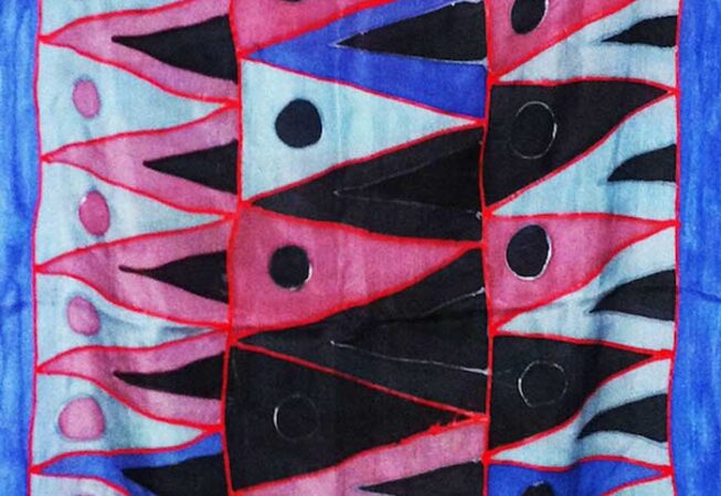 Textile print in blue and pink with triangles