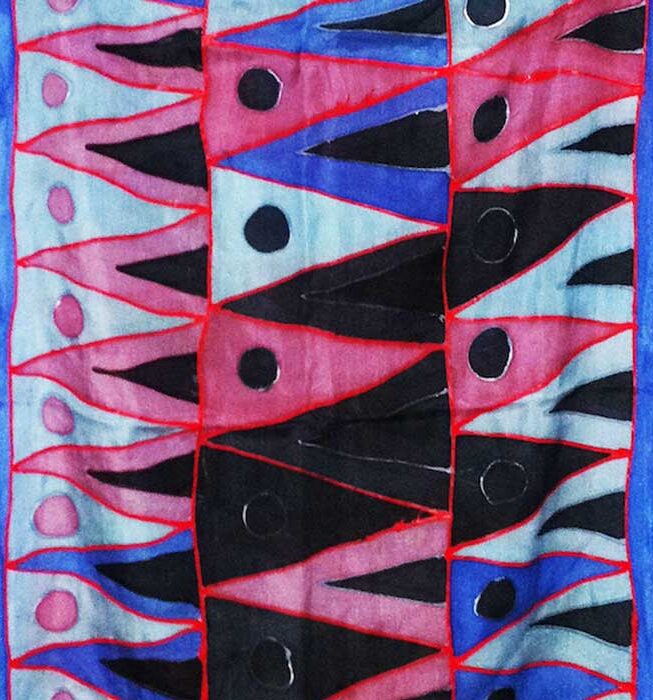 Textile print in blue and pink with triangles