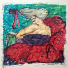 hand painted silk sulluhette of a women sitting on a red chair