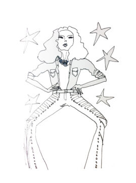 Hand drawn image with pen on paper of woman with stars