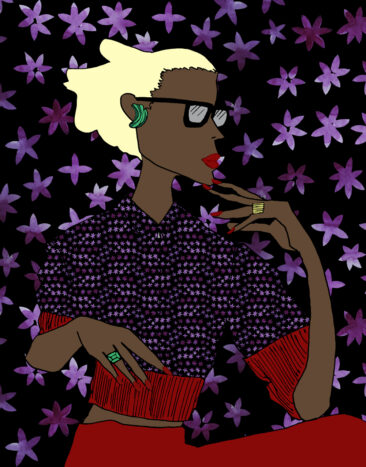 handdrawn fashion design, girl in floral jacket with the same backgroubnd