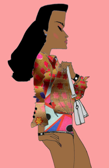 hand drawn hindu girl with a original print jacket on behind a pink background