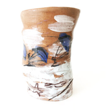 Pottery vase with blue and white abstract art